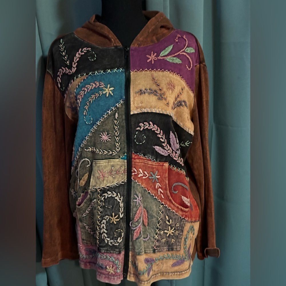 Rising International Handmade Patchwork Boho Hoodie 100% Pre-Washed Cotton Xl